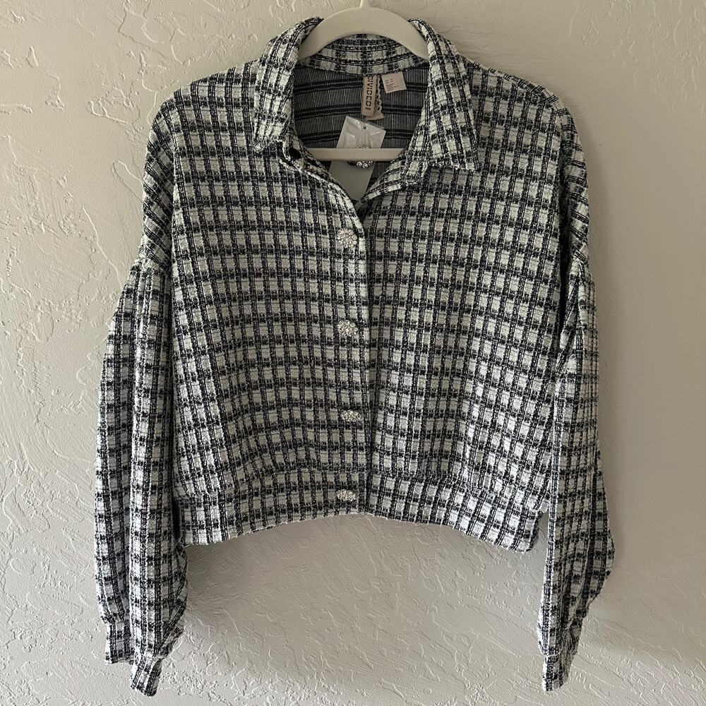 H&M Puff-Sleeved Cropped Jacket NEW Size Medium Rhinestone Button Shacket Retro